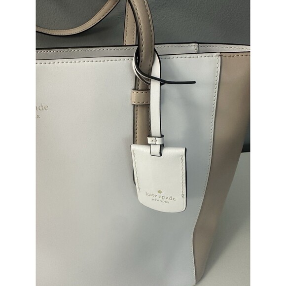 KATE SPADE Two Tone Large Tote Tab White Purse Double Handle Shoulder Bag EUC - Picture 3 of 9